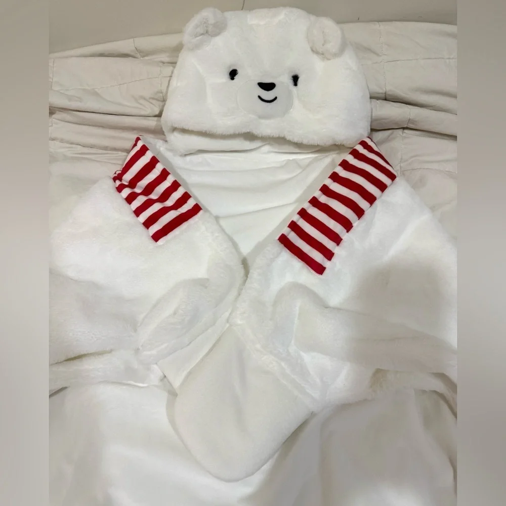 Cozy White Bear Hooded Wrap Blanket with Red Stripes NWOT